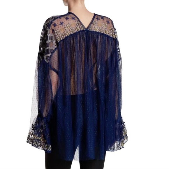 Free People Joyride Navy Blue Sheer Bell Sleeve Blouse Small - Picture 2 of 12